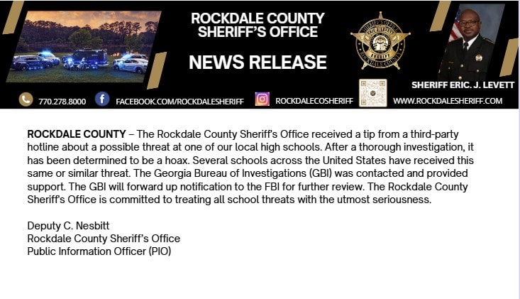 Local High School Threat Declared a Hoax - Rockdale County Sheriff's Office